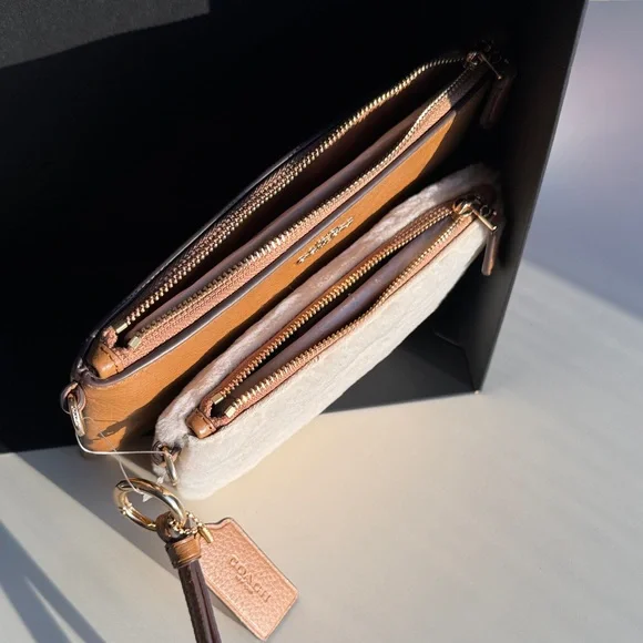 NEW COACH Shearling Key Pouch & Saddle Leather Purse Wristlet Pouch - Picture 12 of 12